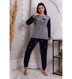 Fwn 3005 Peluş Welsoft Polar Kışlık Kar Desenli Kadın Pijama Takımı (Gri)
