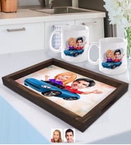 BK Gift Kişiye Özel Sevgililer Karikatürlü Doğal Ahşap Tepsi ve 2’li Kupa Bardak Seti-52