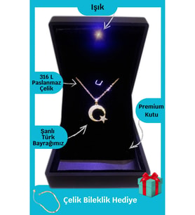 Işıklı Premium Kutuda  Ay-Yıldız Türk Bayrak Kolye  316l Çelik-Kararmaz  Gold Renk  Hediye Paket