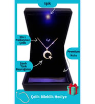 Işıklı Premium Kutuda  Ay-Yıldız Türk Bayrak Kolye  316l Çelik-Kararmaz  Gold Renk  Hediye Paket