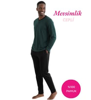 Erkek 3 Düğmeli %100 Pamuk Mevsimlik Uzun Kol Cepli Pijama Takımı (Yeşil)