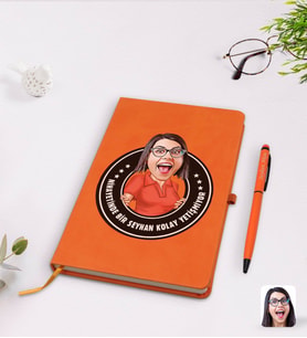 BK Gift Kişiye Özel Kadın Nihayetinde Karikatürlü Turuncu Termo Deri Defter Kalem Seti Model 3