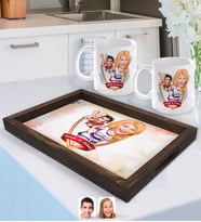 BK Gift Kişiye Özel İsimli Sevgililer Karikatürlü Doğal Ahşap Tepsi ve 2’li Kupa Bardak Seti-30