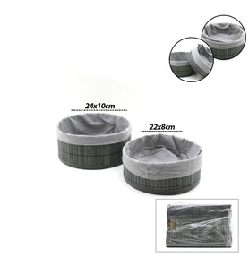 GRİ 2 BOY YUVARLAK BAMBU KENAR ORGANİZER SEPET AHŞAP ALTLIK - BEZLİ ÇAP=22X24CM