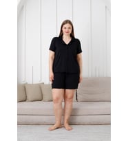 Büyük Beden  Kısa Kollu Milan Gömlek Pijama Takımı- Genç Anne Serisi (Siyah)