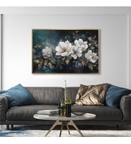 Yağlı Boya Dokulu Tablo Koyu Fonda Beyaz Çiçekler Altın Çerçeveli U02033