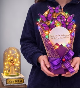 Renkli Led Işıklı Aynalı Mor Kelebek Buketi (Kişiye Özel Led Işıklı Fanus Hediyeli) (Model 2)
