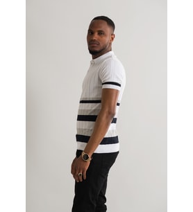 Slimfit Polo Yaka Likralı Çizgili Triko Kumaş Yazlık Spor Erkek T-shirt (Beyaz)