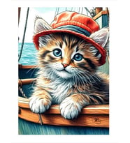 Teknedeki Şapkalı Kedi Tasarım Ahşap Tablo