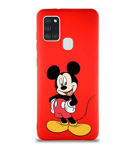 Samsung Galaxy A21S Soft Premier Kapak Mickey Mouse-E Tasarımlı Silikon Kılıf - Kırmızı (Şeffaf)