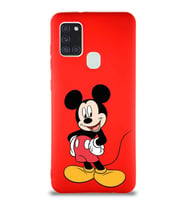 Samsung Galaxy A21S Soft Premier Kapak Mickey Mouse-E Tasarımlı Silikon Kılıf - Kırmızı (Şeffaf)