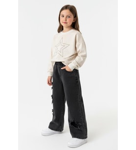 Minigimin Cicileri Yıldız Taşlı Detaylı Sweatshirt Yıldız Detay Jean Pantolonlu 2 li Kız Çocuk Takım - Krem