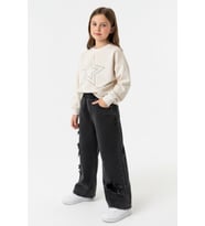 Minigimin Cicileri Yıldız Taşlı Detaylı Sweatshirt Yıldız Detay Jean Pantolonlu 2 li Kız Çocuk Takım - Krem