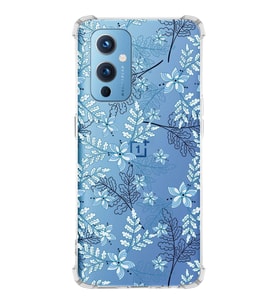 PrintiFy OnePlus 9 Uyumlu Köşe Korumalı Floral Mavi Tasarımlı Şeffaf Silikon Kılıf