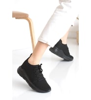 İmershoes Kadın Triko Sneaker Bağcıklı Çorap Bileklik Detaylı Spor Ayakkabı 017 (Siyah)