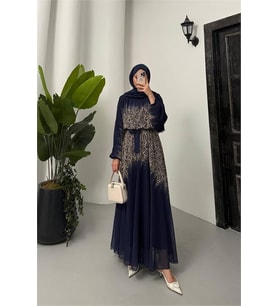 Neşeli butik kadın leopar desenli şifon tesettür elbise NMS055
