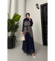 Neşeli butik kadın leopar desenli şifon tesettür elbise NMS055