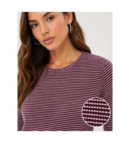 Dokulu Çizgili Uzun Kollu Tişört Oval Kesim Basic Rahat Kalıp Bluz - Bordo