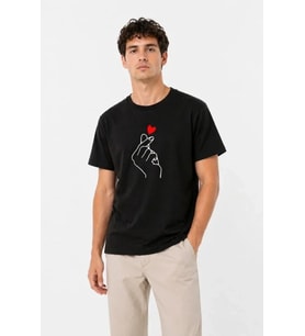 Erkek Kore Parmak Kalp Aşk Temalı Minimal Baskılı Tişört Yazlık Kısa Kol T-Shirt - Siyah