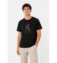 Erkek Kore Parmak Kalp Aşk Temalı Minimal Baskılı Tişört Yazlık Kısa Kol T-Shirt - Siyah