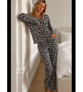 Night Kadın Desenli Düğmeli Uzun Kollu Pijama Takımı