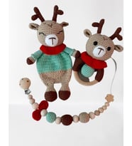 Yeni Yıl Geyik Uyku Arkadaşı Takımı Amigurumi Organik Oyuncak