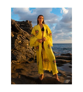 Müslin Kimono %100 Pamuklu Göz Desenli Bornoz Kaftan Sabahlık (Sarı)