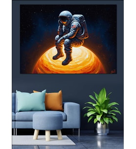Gezegen Üstünde Düşünen Astronot Dekoratif Kanvas - Mdf Ahşap Tablo