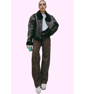 Kadın Leopar Desenli Pamuk Jean Pantolon Yüksek Bel Wide Leg Casual Tarz Dayanıklı Malzeme (Kahverengi)