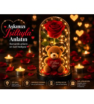 LED Işıklı Fanusta Yapay Gül ve Lüks Peluş Ayıcık Dekoratif Romantik Sevgililer Günü Hediyesi 20 cm