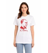 Atatürk Baskılı Tişört Kısa Kollu Bisiklet Yaka T-Shirt - Beyaz