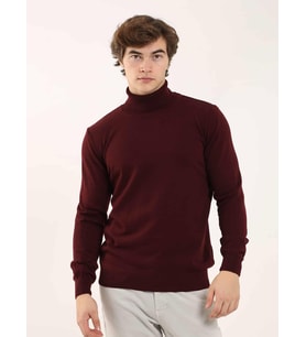 Bordo Erkek Slim Fit Düz Klasik Tam Balıkçı Yaka Triko