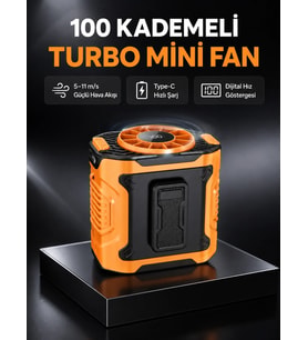 Dijital Ekranlı Turbo Mini Fan – 3 Kademeli Hız, Sessiz Çalışma ve Type-C Şarj