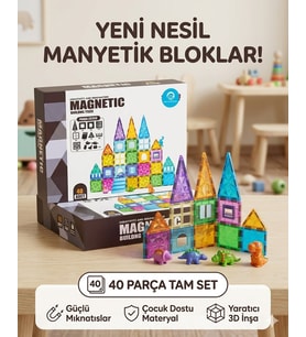 Manyetik Yapı Blokları Çocuklar İçin 3 Boyutlu Renkli Mıknatıslı 40 Parça Manyetik Blok Oyun Seti