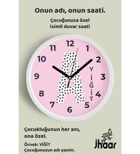İsme Özel A Harfli Pembe Çocuk Odası Duvar Saati Orta Boy 30 cm Beyaz Camlı Sessiz