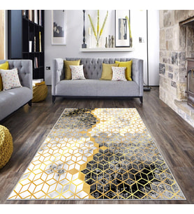 Gold Zemin Geometrik Petek Desen Yıkanabilir Kaymaz Taban Leke Tutmaz Modern Salon Halısı ve Yolluk (Krem)