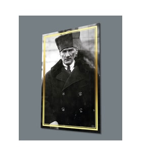 Miyrem Glasses Collection -A1^#  Gold Şerit Siyah Beyaz Pardesülü Atatürk Portresi Cam Tablo (Çok Renkli)