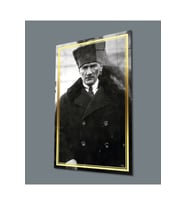 Miyrem Glasses Collection -A1^#  Gold Şerit Siyah Beyaz Pardesülü Atatürk Portresi Cam Tablo (Çok Renkli)