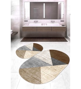 Dijital Baskılı Kaymaz Taban Yıkanabilir Oval 2'li Klozet Takımı Banyo Paspası NOKZ-HT-925 (Kahverengi)