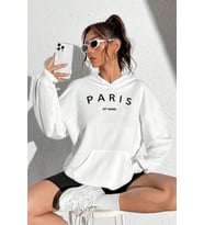 Paris Baskılı Oversize Sweatshirt (Beyaz)