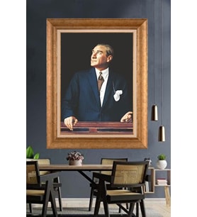 Altın Varaklı Çerçeveli Paspartulu Atatürk Tablo nh245 (Gold)