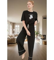 Rahat Pamuklu Pijama Takımı; Unicorn Baskı Melanj Regular Kalıp Günlük Kullanım İçin (Siyah)