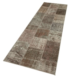 Vizon Kahve Geometrik Desenli Koridor Halısı El Dokuma Eskitme Vintage Stil Şıklığı