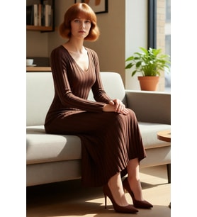 Kadın Bodycon V Yaka Maxi Boy Uzun Kollu Düz Desen Triko Elbise Kış Sezonu İçin Şık Ve Rahat