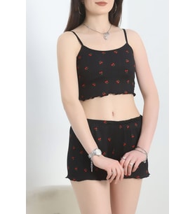 İp Askılı Şortlu Pegasus Pijama Takımı (Siyah)