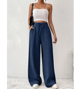 pilelistore- Kadın Yüksek Bel önden Bağlamalı Geniş Kesim Keten Pantolon (Mavi)