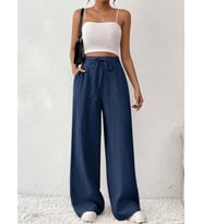 pilelistore- Kadın Yüksek Bel önden Bağlamalı Geniş Kesim Keten Pantolon (Mavi)