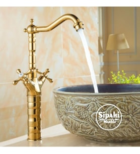 Sipahi Marble Altın Kaplama Çanak Lavabo Bataryası - Çift Kollu