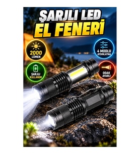 2000 Lümen Odak Ayarlı Şarjlı LED El Feneri – 4 Modlu Alüminyum Gövde