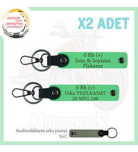 Motosiklet Tutkunlarına, İsim Plaka ve 0 (+) Kan Grubu Yazılı Acil Durum x2 Anahtarlık, F Yeşil-Gr